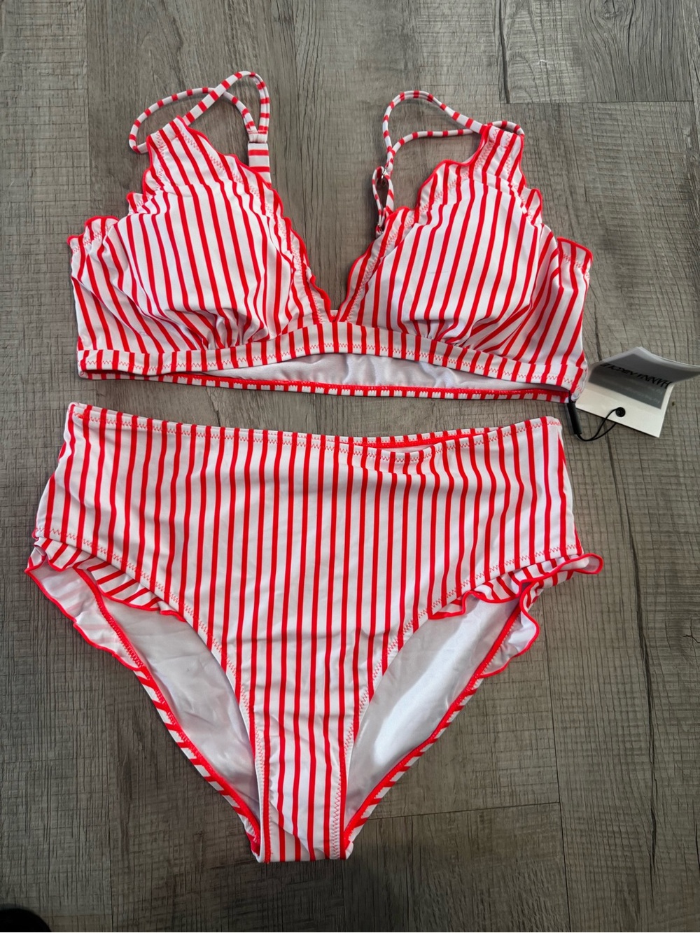 Striped Red & White High-Waist Bikini Set